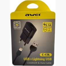 Awei Lightning Data Cable & USB Charger 2.1A  Adapter Μαύρο