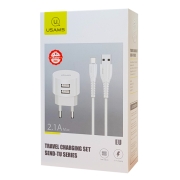 USAMS φορτιστής τοίχου T20, 2x USB, 2.1A, λευκός μαζί με καλώδιο Micro USB