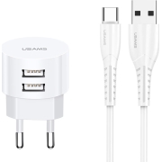 USAMS φορτιστής τοίχου T20, 2x USB, 2.1A, λευκός μαζί με καλώδιο type-C