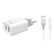 Powertech Φορτιστής τοίχου & καλώδιο USB Type-C, 2x USB, 2.1A