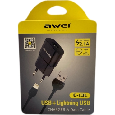 Awei Lightning Data Cable & USB Charger 2.1A  Adapter Μαύρο