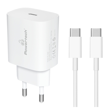 Powertech φορτιστής τοίχου USB-C μαζί με καλώδιο USB-C, PD, 20W