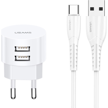 USAMS φορτιστής τοίχου T20, 2x USB, 2.1A, λευκός μαζί με καλώδιο type-C