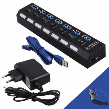 Powertech USB 3.0 Hub, 7 θύρες, On-Off + Μετασχηματιστής ρεύματος