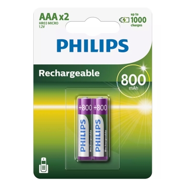 PHILIPS επαναφορτιζόμενη μπαταρία 800mAh, AAA HR03 Micro, (Συσκευασία 2 τεμ.)